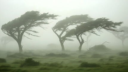 Misty landscape, windswept trees.  Dense fog envelops a grassy plain, featuring several trees with branches bent by strong winds.  The muted light and soft colors create a serene yet powerful scene