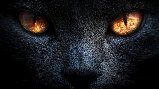 Close-up of a black cat's face focusing on intense, glowing amber eyes with detailed fur texture in low light.