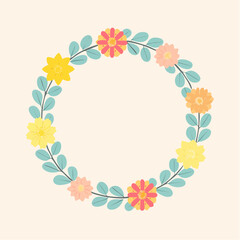 A charming circular wreath of stylized flowers in yellow pink and orange intertwined with muted teal leaves.
