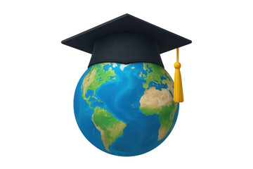 Earth globe wearing graduation cap promoting global education on transparent background