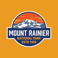 Mount Rainer National Park Badge Patch Emblem Stickers Vector illustration with sunset view