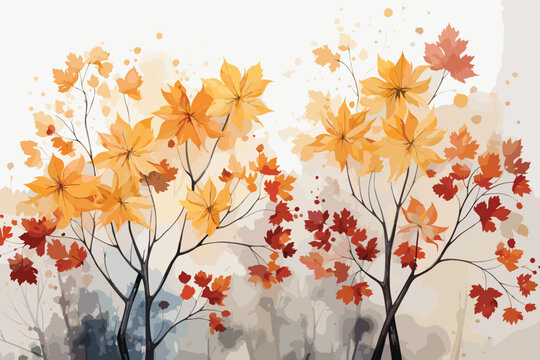 Oil painting colorful autumn season. Semi abstract image of forest, trees with yellow and red leaf with oil paint. Fall season nature background. Hand Painted Impressionist, outdoor landscape vector 