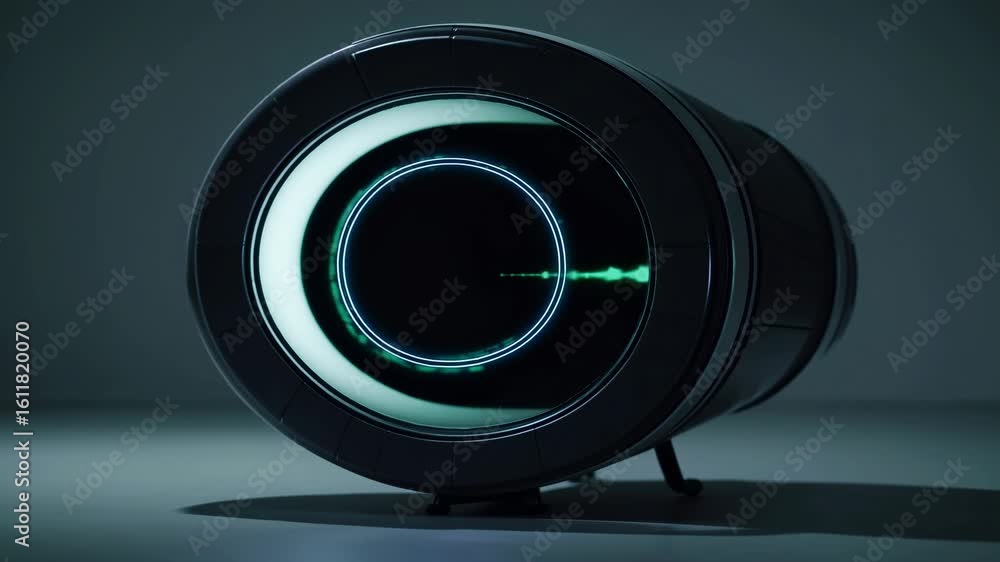 Poster futuristic green-lit tunnel with concentric circles, captured from a low-angle. ideal for sci-fi vid