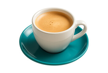 Fototapeta premium White ceramic cup of coffee with foam on a teal saucer isolated on transparent background