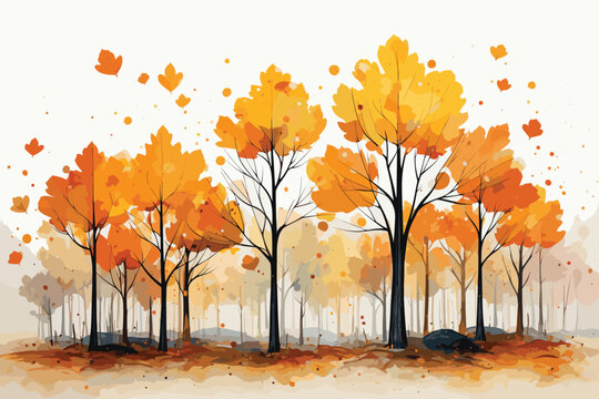 Oil painting colorful autumn season. Semi abstract image of forest, trees with yellow and red leaf with oil paint. Fall season nature background. Hand Painted Impressionist, outdoor landscape vector 