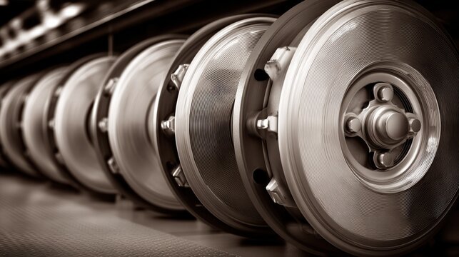 A row of large, metallic industrial wheels or rollers aligned in a manufacturing or processing facility