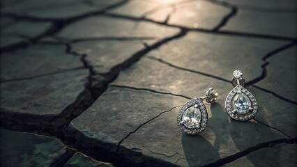 Two teardrop diamond earrings on cracked gray surface under dim lighting conditions