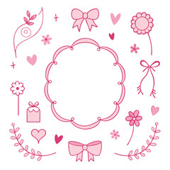 Pink Doodle Set with Frame Bows Hearts and Flowers for Feminine Designs Invitations or Scrapbooking Projects on a White Background