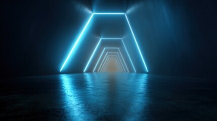 Futuristic Neon Tunnel with Reflections and Dim Lighting Effects