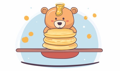 Adorable cartoon bear enjoys a stack of delicious pancakes drizzled with golden honey
