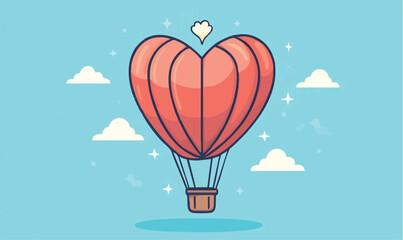 Fototapeta premium Whimsical heart-shaped hot air balloon floats serenely through a bright blue sky with fluffy clouds