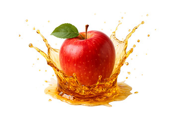 Red apple splashing in orange juice isolated on transparent background