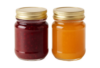 Two glass jars of jam and honey isolated on transparent background