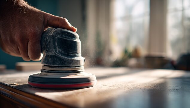 Close-Up of an Electric Sander in Use During Woodworking with Flying Sawdust and Motion Blur in Workshop Lighting