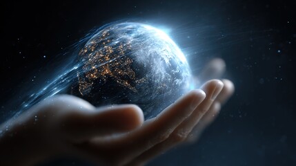 Hands Cradling Earth with Glowing Lights in Dark Background