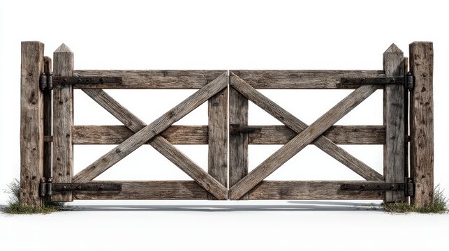 A 4K photo of rustic wooden gate with diagonal bracing, set against a white background.