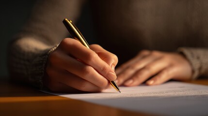 Person Writing on Paper with Golden Pen in Warm Light Setting