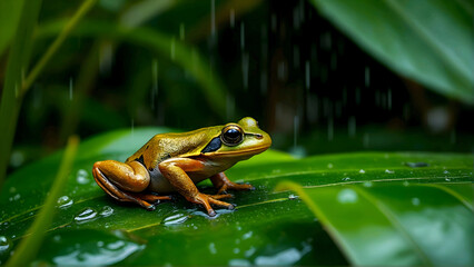 Golden Frog on Leaf in Rain