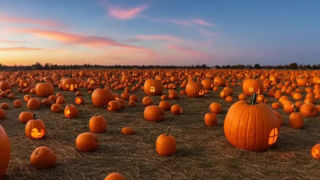 Magical Pumpkin Patch at Sunset: A Whimsical Halloween Landscape Video