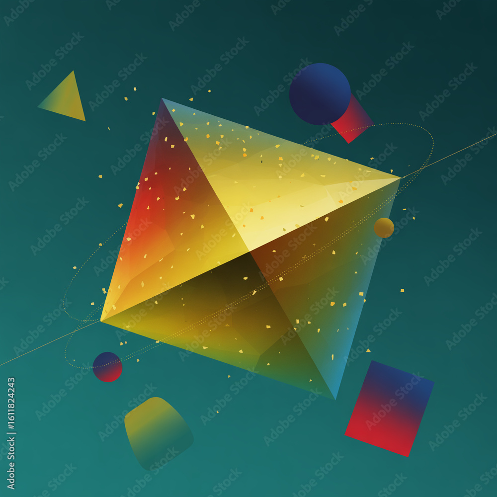 Poster a luminous polyhedron and floating geometric shapes in abstract space