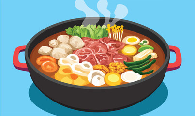 Steaming hot pot brimming with fresh ingredients, a delicious and inviting meal