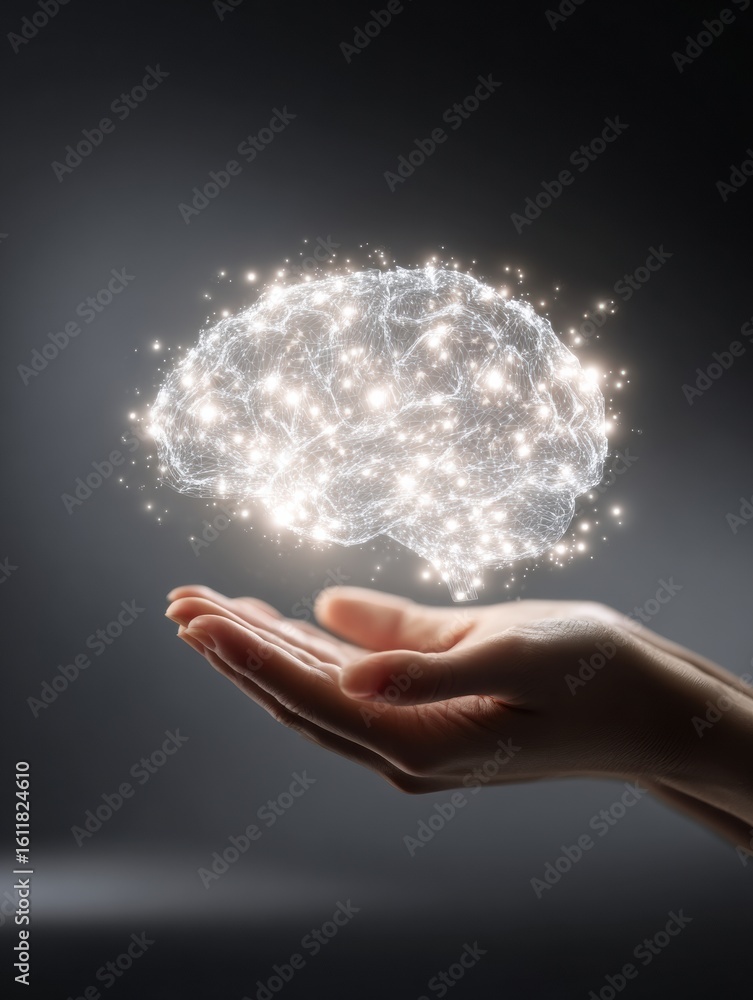 Poster hands present a glowing brain surrounded by light particles, symbolizing knowledge and innovation in