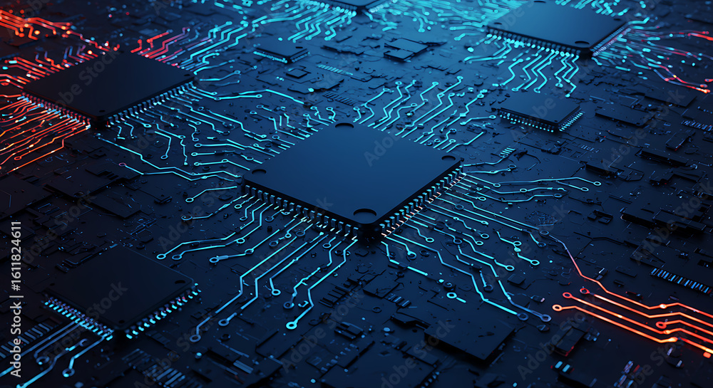 Fototapete futuristic central processor on a circuit board with glowing data pathways. concept of digital innov