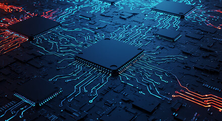 Futuristic central processor on a circuit board with glowing data pathways. Concept of digital innovation and high-tech computing.