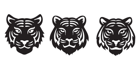 Tiger Head Icon Set – Wild Animal Vector Silhouettes and Emblems