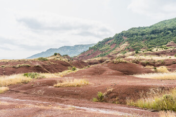 Fototapeta premium Lac du Salagou avec falaises rouges, colline, montagne et arbre, Hérault, Occitanie, France