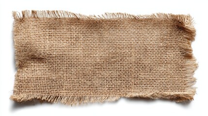 A 4K photo of wrinkled, frayed burlap fabric swatch isolated on white.