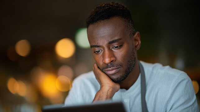 Focused businessman using tablet in modern cafe setting - Powered by Adobe