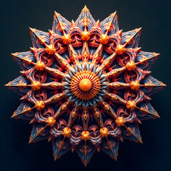 Intricate colorful mandala sculpture with layered geometric patterns displayed symmetrically.
