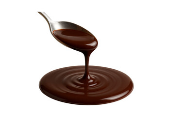 Obraz premium Rich dark chocolate sauce pouring from a spoon onto a puddle isolated on transparent background