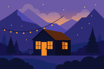 Cozy cabin nestled in mountains under starry night sky with festive string lights