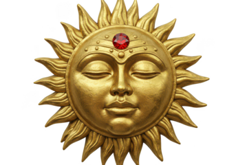 Golden sun face with ruby gem isolated on transparent background
