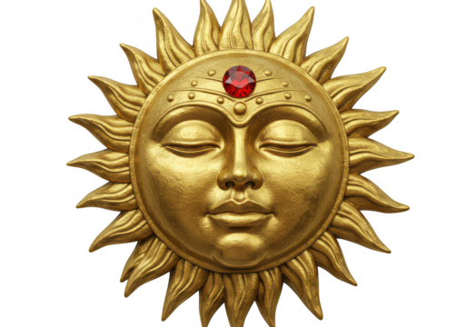 Golden sun face with ruby gem isolated on transparent background - Powered by Adobe