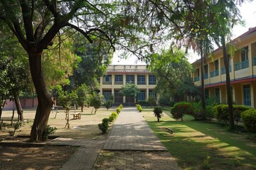 Obraz premium Scenic pathway leading to a multi story building within a serene and verdant campus environment