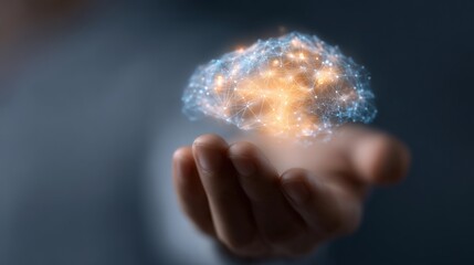 Hand Holding Digital Brain with Neural Connections and Lights