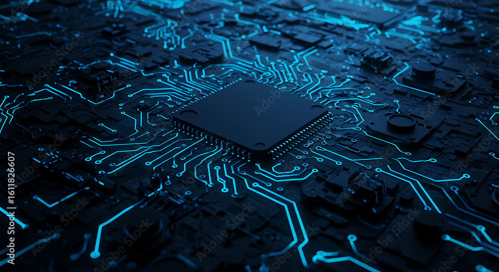 Fototapete immersive view of a high-tech printed circuit board with luminous blue traces and a central microchi