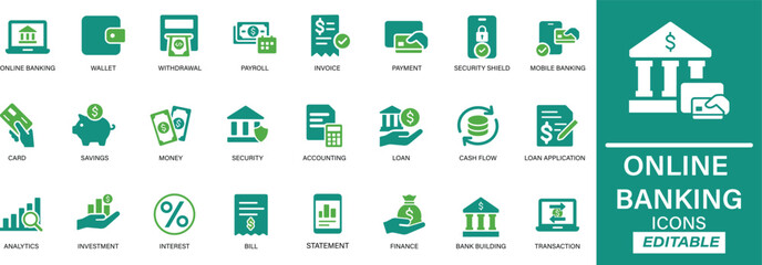 Online banking icon set in clean line style. Includes icons for mobile banking, transactions, accounts, digital payments, and security. Ideal for fintech apps, finance dashboards, and banking tools.

