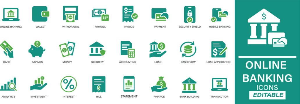 Online banking icon set in clean line style. Includes icons for mobile banking, transactions, accounts, digital payments, and security. Ideal for fintech apps, finance dashboards, and banking tools.

