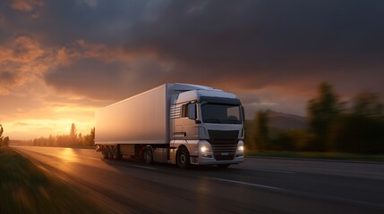 Truck Driving on Open Road Against Sunset Sky with Dramatic Clouds