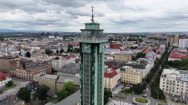 Drone shot of New City Hall Tower (Nova radnice) in Ostrava, Czech Republic