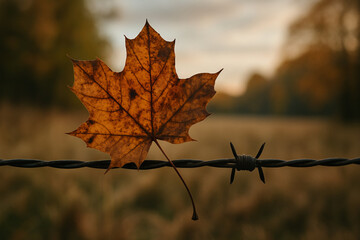 Single autumn maple leaf caught on barbed wire fence during golden hour sunset lighting outdoors