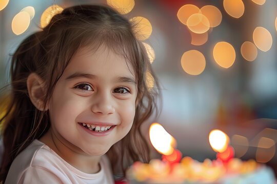 Little girl celebrating her birthday party, smiling near her birthday cake with candles and bokeh lights in the background
