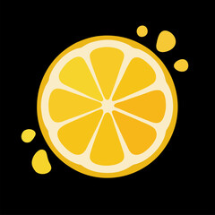 Vector design with sliced lemon, fruit juice
splashes and drops isolated 
on black background. Fashionable print for paper, 
t-shirt, fruit juice, ice cream, mandarine yogurt,
lemonade, food packaging
