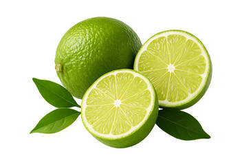 Fresh green limes one whole and two halves with leaves isolated on transparent background