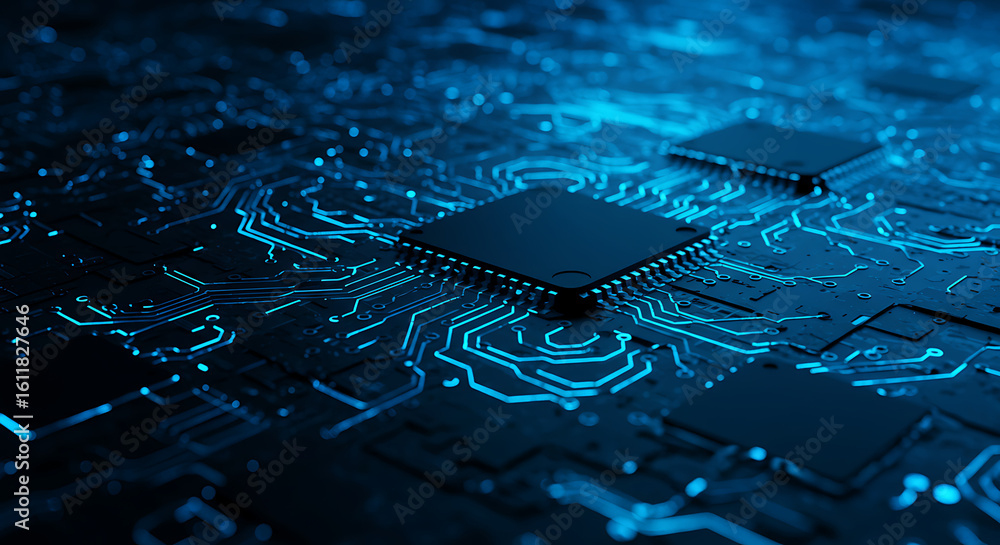 Poster futuristic central processor unit on a circuit board with glowing blue light, symbolizing technologi