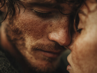 Fototapeta premium A photo that is a close up of a man and woman almost kissing, you can see their lips almost touching